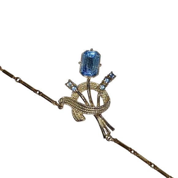 Vintage Silvertone Necklace Aqua Blue Center Stone, Rhinestones, 1950's 15" Long - Picture 4 of 5